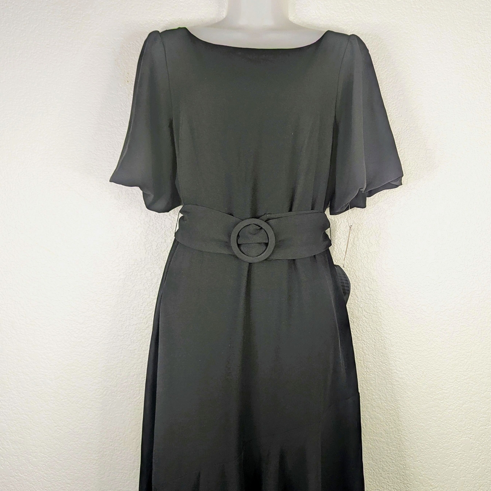 Taylor Black Asymmetrical Dress With Belt Short Flutter Sleeve NWT